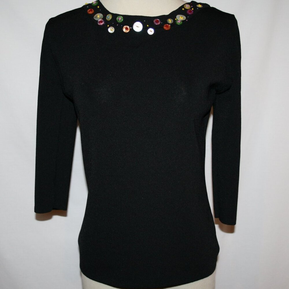 JAC Black Stretch Button Embellished Neck 3/4 Sleeve Top Size Small